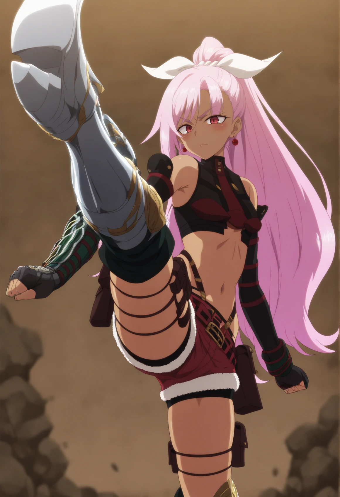 solo, 1girl, dark skin, pink hair, long hair, red eyes, single sidelock, earrings, ponytail, ribbon, tube top, bare shoulders, detached sleeves, fingerless gloves, single gauntlet, red denim shorts, fur trim, belt, strap, pouch, thigh holster, greaves, serious, kicking, looking at viewer  <lora:Liz_nageki_illus_v2_r1:1>, masterpiece, best quality, amazing quality, very aesthetic, absurdres, highres, newest