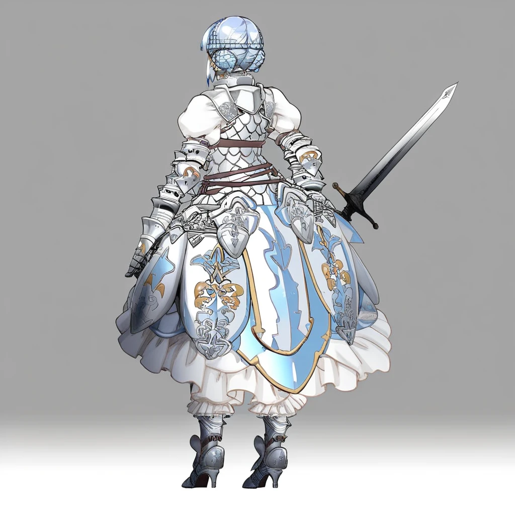 armor ornaments, shoulder armor, greaves, knight, parted lips, Braided buns, blue hair, dress, breastplate, armored boots, 1girl, puffy sleeves, armored gauntlets, weapon, blue eyes, high heels, waist belt, from behind, solo, female knight, full body, sheath, frills, plate armor, blunt bangs