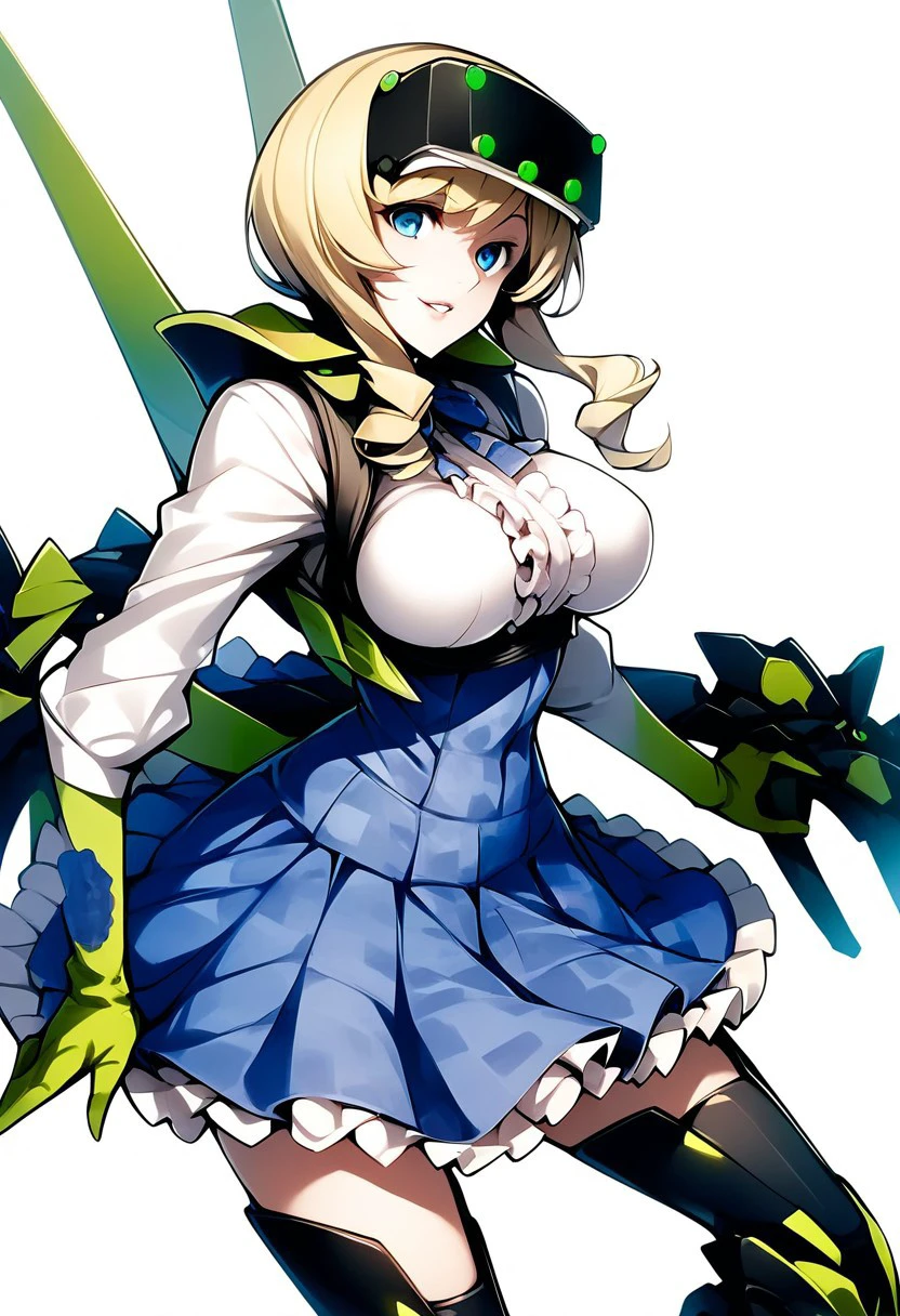 score_9, score_8_up, score_7_up, 
lyudmila_n_ignatova, リューシャ, gunslingerstratos, 1girl, solo, blonde hair, skirt, gloves, breasts, green gloves, white background, shirt, blue skirt, thighhighs, long hair, looking at viewer, white shirt, simple background, smile, weapon, large breasts, frills, long sleeves, head-mounted display, high-waist skirt, underbust, bangs, holding, parted lips, black thighhighs, plaid, mecha musume, thigh boots