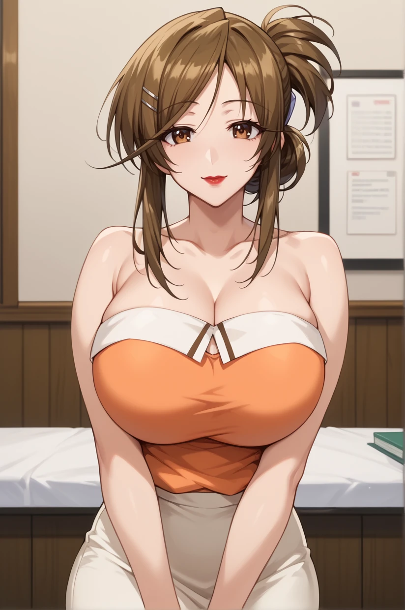 <lora:SABikini-09:1> SaraAkizuki, SADress, long hair, hair up, brown hair, hairclip, huge breasts, brown eyes, lipstick, bare shoulders, orange shirt, shirt, cleavage, pencil skirt, strapless dress, white skirt, collarbone, smile, looking at viewer, solo, 16k, masterpiece, absurdes, highly detailed, highres, high quality, best quality, score_9, score_8_up, score_7_up, score_6_up