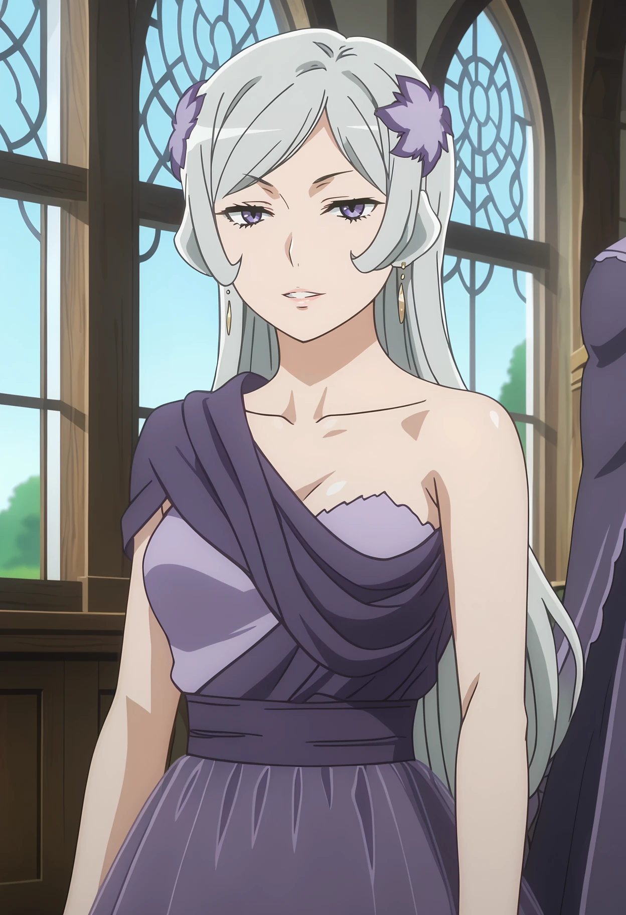 score_7_up, anime screencap,
<lora:DanMachi_FreyaXL:0.9>,
1girl, parted lips, light smile,
long hair, swept bangs, grey hair, purple eyes, purple hair ornament,
FreyaPDress, long dress, purple dress, collarbone, earrings, single strap,
standing, looking at viewer,
indoors, medieval, window