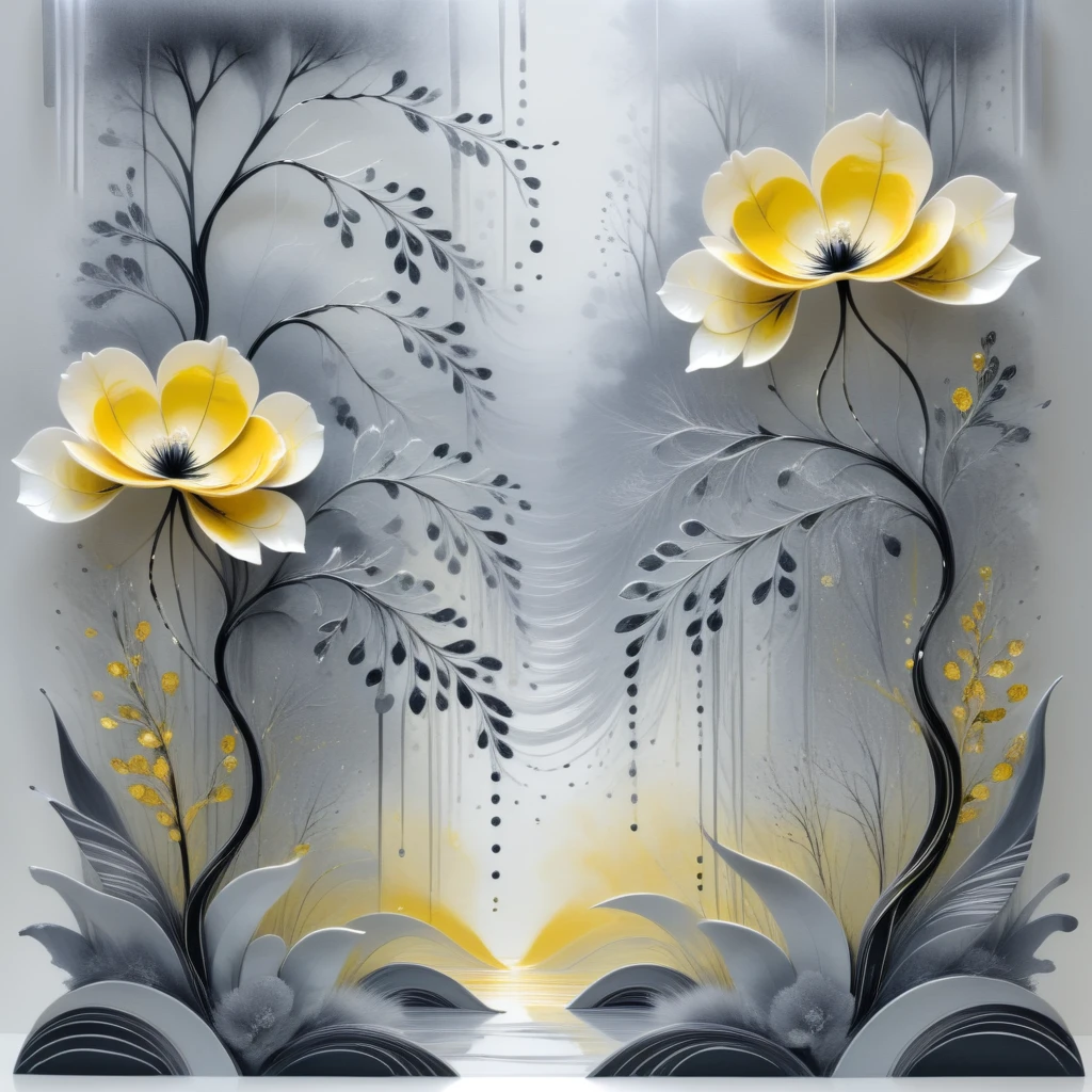 abstract floral print, begonia, ink blots, sculpture, cashmere, surrealism style, Branching Patterns, yellow and gray, tiger stripe pattern, distant horizon effect, sparkle accents, modular structure, woven texture, glazed finish  <lora:artfully_SOFTSUBTLE:1>, soft and subtle,