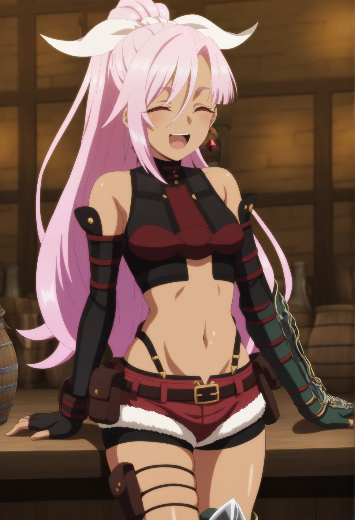 solo, 1girl, dark skin, pink hair, long hair, red eyes, single sidelock, jeart-shaped earrings, ponytail, ribbon, tube top, bare shoulders, detached sleeves, fingerless gloves, single gauntlet, red denim shorts, fur trim, belt, strap, pouch, thigh holster, greaves, indoors, tavern, smile, open mouth, closed eyes   <lora:Liz_nageki_illus_v2_r1:1>, masterpiece, best quality, amazing quality, very aesthetic, absurdres, highres, newest