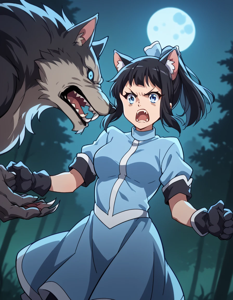 score_9, score_8_up, score_7_up, source_anime, <lora:azusa-sasaki-s2-ponyxl-lora-nochekaiser:1>, azusa sasaki, blue eyes, black hair, bow, ponytail, hair bow, medium breasts,, <lora:werewolf-ponyxl-lora-nochekaiser:1>, werewolf, furry, fangs, animal ears, gloves, angry, teeth, animal ear fluff,, forest, night, moon, open mouth, , dutch angle, cowboy shot