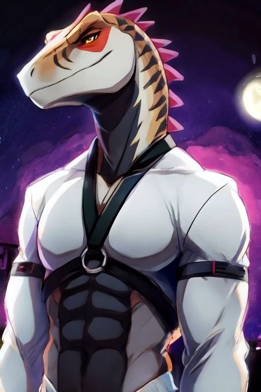 Anthro, furry, raptor, harness, muscles, muscular, buff, 