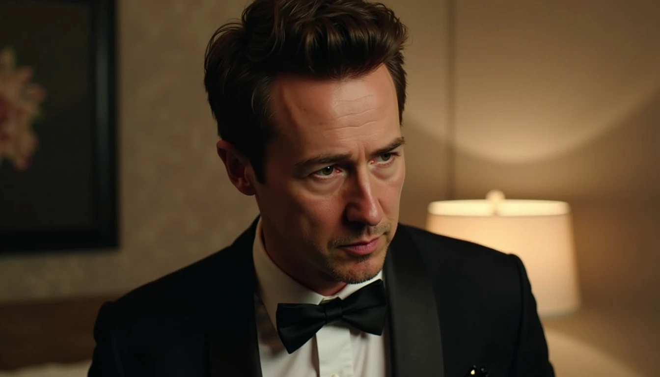 Edward Norton dressed elegantly in a room with soft light