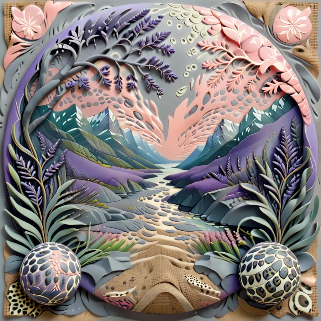 abstract nature print, fjord, kaleidoscopic patterns, collage, burlap, neoclassicism style, Middleground, lavender, blush, and gray, leopard pattern, distant horizon effect, neon accents, spherical rotation, rubberized texture, glazed finish <lora:artfully_DEPTHMAP:0.8>,  depth map, in the style of carved relief, embossing, encaustic, papercraft,