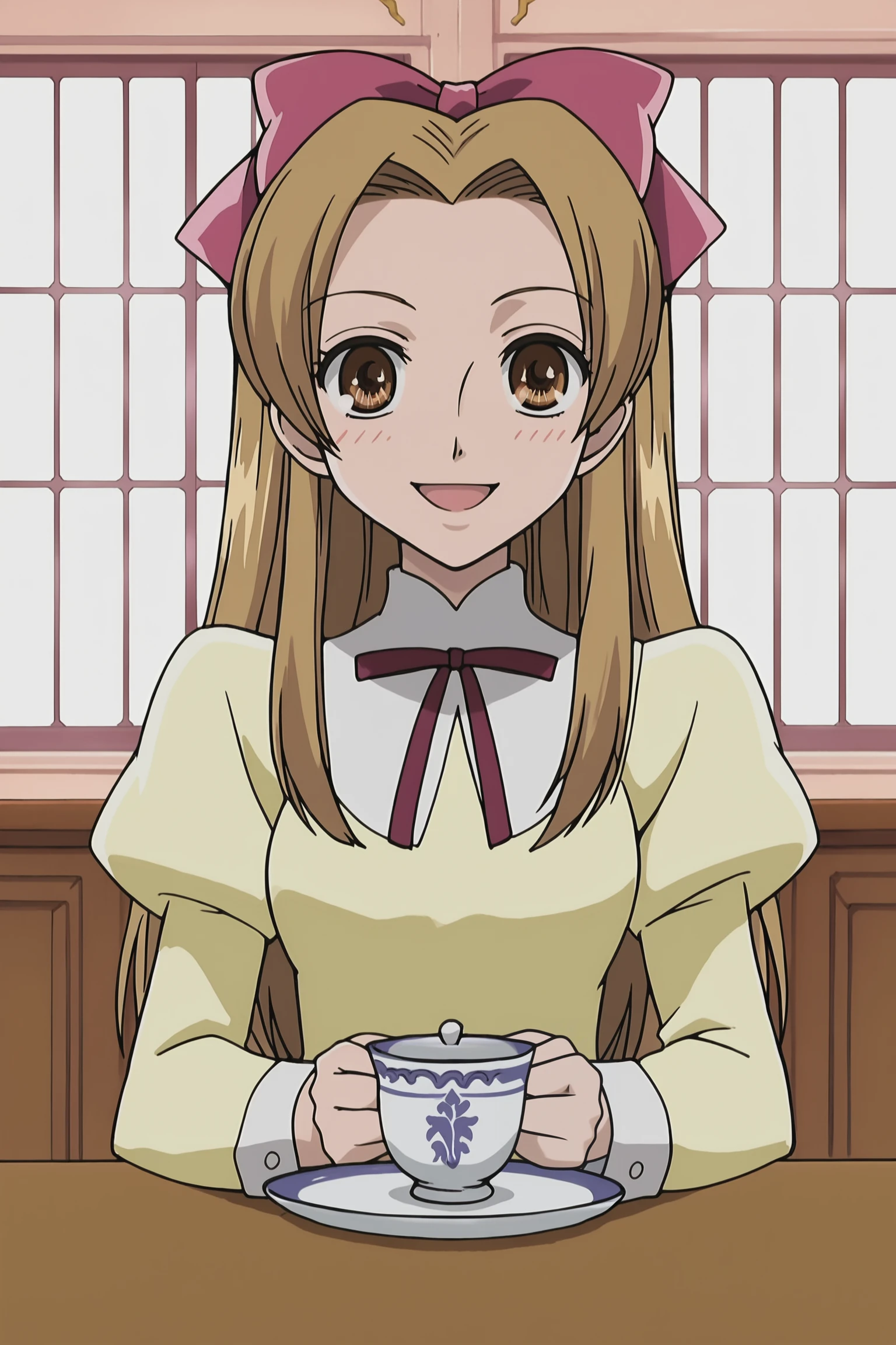 score_9, score_8_up, score_7_up, source_anime, anime screenshot, uncensored, nsfw, detailed face, detailed eyes, traditional media, Ouran High School Host Club anime art style, official anime artwork, retro artstyle, 2000s anime look,
in a fancy room,
<lora:Renge_Houshakuji:.8>1girl, solo, brown hair, long hair, brown eyes, Renge default outfit, yellow dress, school uniform, hair bow, white pantyhose
cute girl, smiling, happy girl, looking at the viewer, girl is sitting on a chair at a table, holding a tea cup, tea plate and accessories on the table