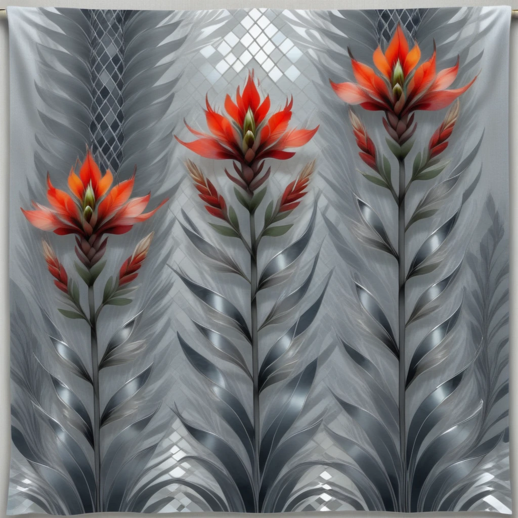 male floral print, indian paintbrush, curly-haired, glass stain, linen, popart style, Vignette, shades of gray, argyle pattern, pixelated effect, reflections accents, woven, satin texture, metallic finish  <lora:artfully_SOFTSUBTLE:1>, soft and subtle,