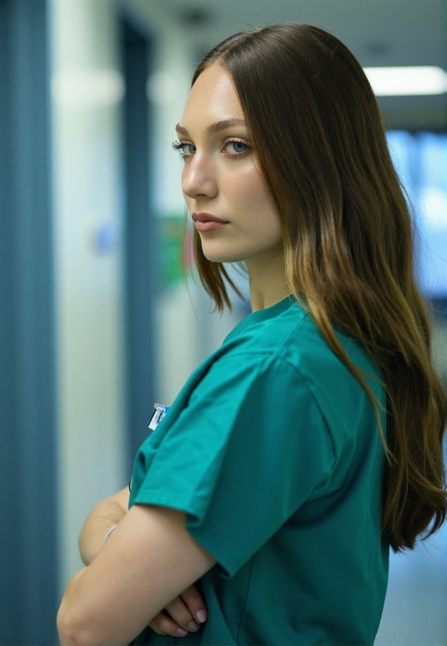 A professional stock photograph of a young woman Maddie_Ziegler, working as a nurse in a hospital, photographed for an in-house magazine, light make-up, detailed skin, bokeh, (SFW)<lora:Maddie_Ziegler:1>