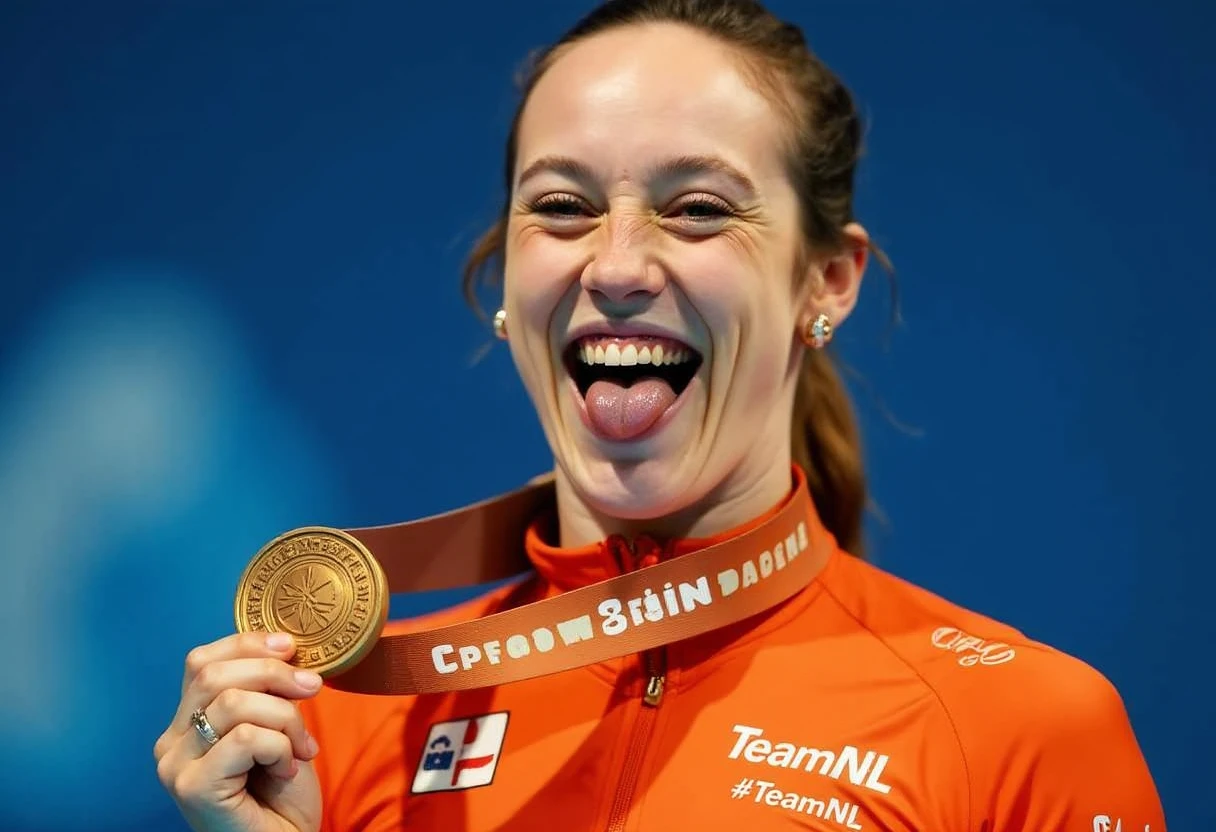 Suzanne Schulting holding a big gold medal in her hand and sticking out her tongue. Capturing a moment of triumph and joy. She's wearing the TeamNL orange outfit with the text "TeamNL" and below the text "#TeamNL". High Detail, smooth face, wide-shot

