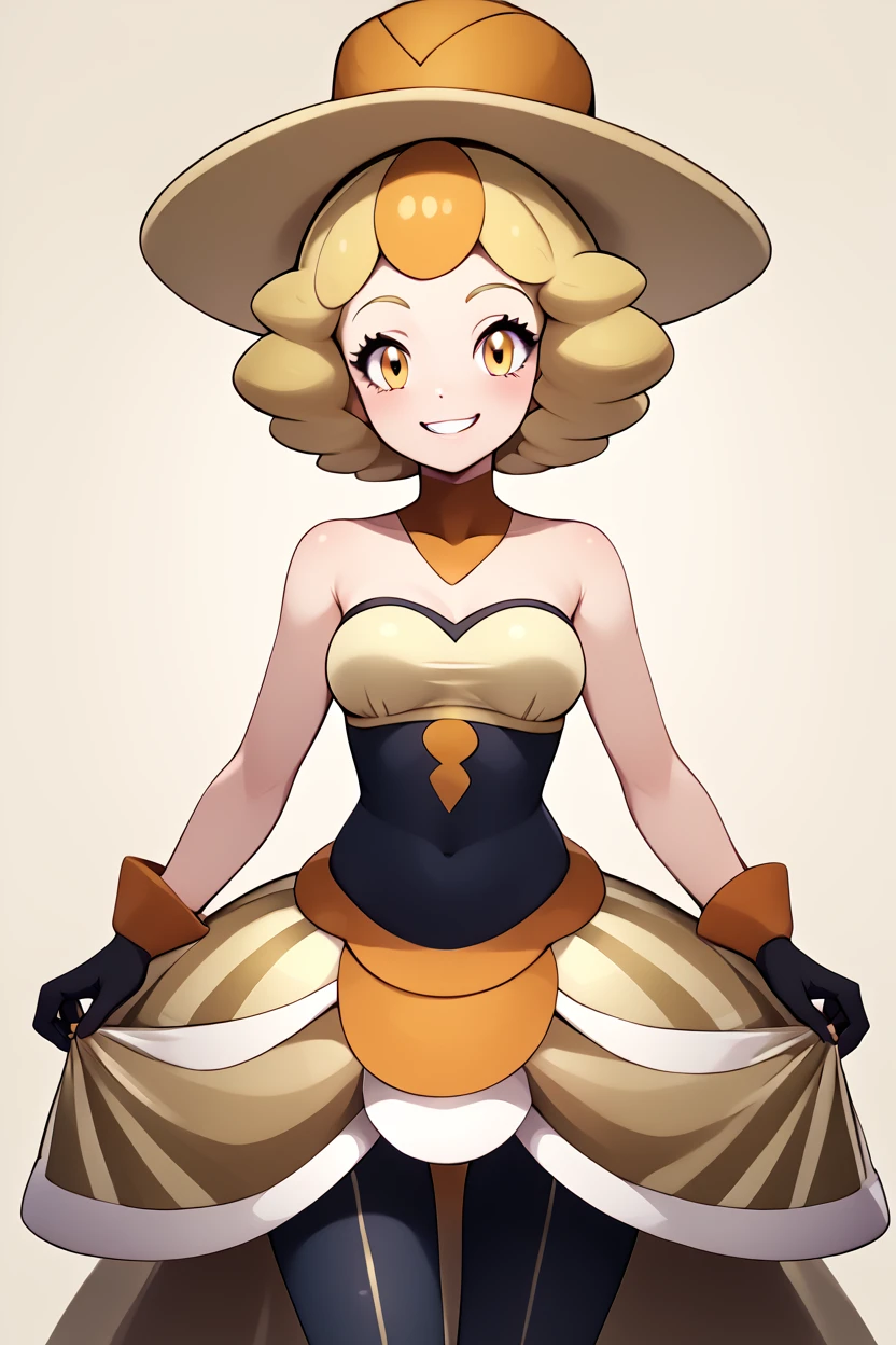 score_9, score_8_up, score_8, medium breasts, (curvy), cute, eyelashes,       ,,, , ,,,   zzNita, yellow eyes, blonde hair, short hair, yellow hat, yellow dress, bare shoulders, black gloves, pantyhose, <lora:Nita_Pokemon_PDXL:1.0>,       ,,,, BREAK, closed mouth, smile, looking at viewer, zzLFashion, cowboy shot, ,,, embedding:zPDXL, Expressiveh, ,,, <lora:Vivid:0.7>, <lora:LFashionPDXL:1>, <lora:Uncensored_PonyXL_cpt_v02.09:0.4>, <lora:Expressive_H-000001:0.4>,