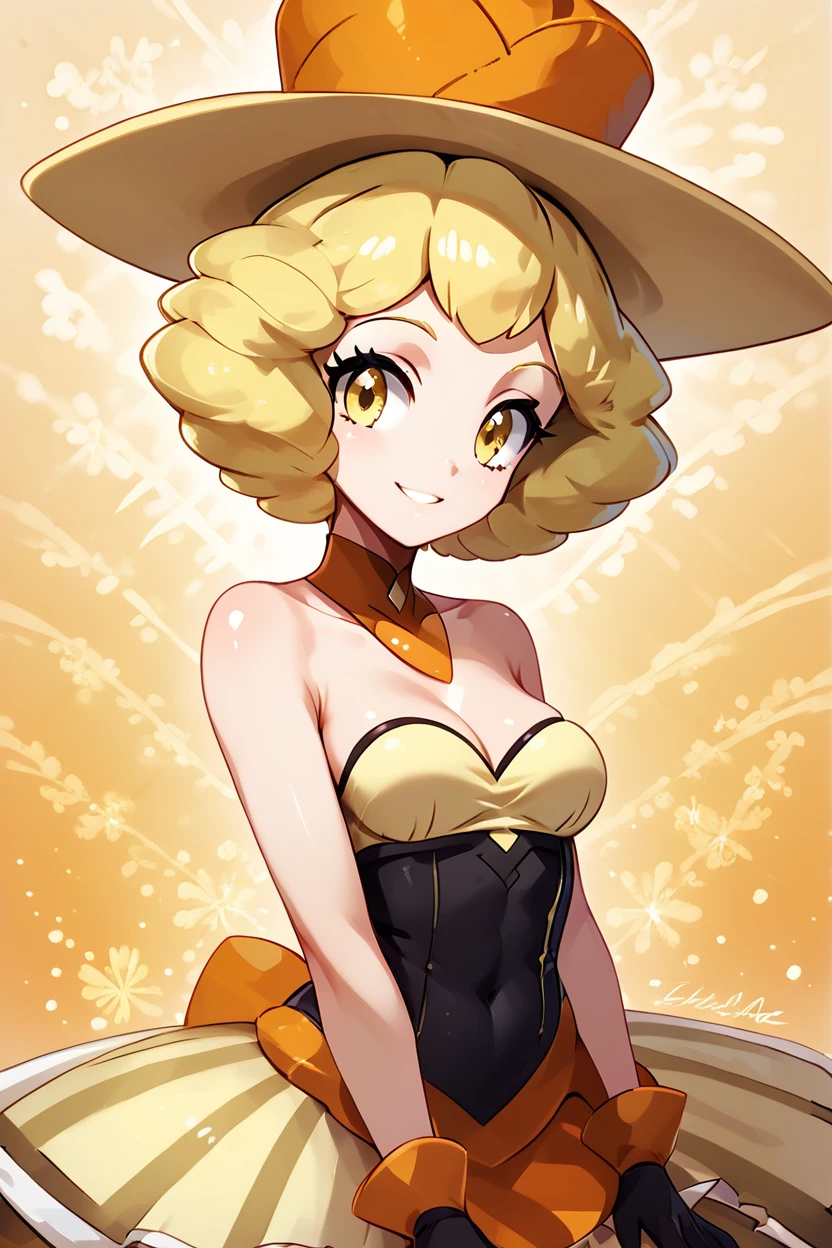 score_9, score_8_up, score_8, medium breasts, (curvy), cute, eyelashes,       ,,, , ,,,   zzNita, yellow eyes, blonde hair, short hair, yellow hat, yellow dress, bare shoulders, black gloves, pantyhose, <lora:Nita_Pokemon_PDXL:1.0>,       ,,,, BREAK, ,,, upper body, smile, looking at viewer, ,,, shiny skin, <lora:ProAnime_PDXL_v1:0.8>, night, soft shadows, moonlight reflecting off skin, whisper of wind, ,,, embedding:zPDXL, Expressiveh, <lora:SDXLFaeTastic2400:0.5>, <lora:Expressive_H-000001:0.4>,