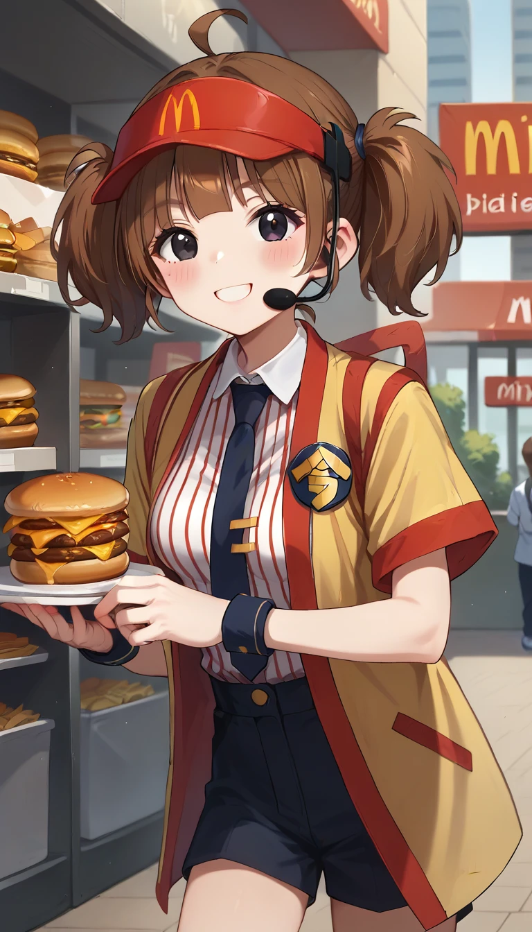 score_9,score_8_up,score_7_up,score_6_up BREAK official art,solo,outdoors,upper body,(portrait:1.5),looking at viewer,facing viewer,smile,blush,Double Cheese,ahoge,headset,visor cap,red headwear,long hair,brown hair,short twintails,blunt bangs,black eyes,employee uniform,yellow jacket,open jacket,black necktie,collared shirt,white shirt,vertical-striped shirt,badge,short sleeves,wristband,holding food,hamburger,medium breasts,shirt tucked in,black shorts,short shorts,thighs,white socks,sneakers,<lora:Double Cheese(mcdonald's)-Pony:1.5>,