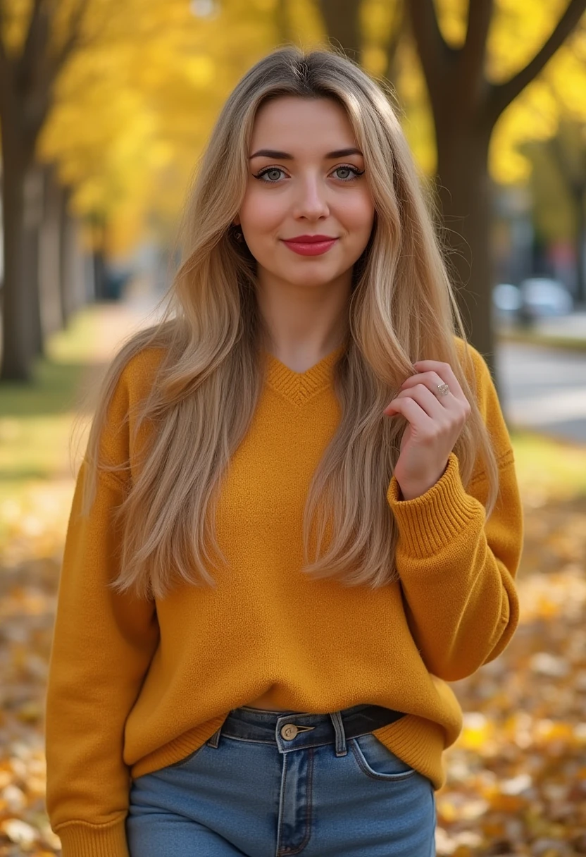 an amateur photo of katabu, a woman, wearing lipstick and modest casual autumn clothes and jeans on a sunny autumn day. Golden leafs on the ground.