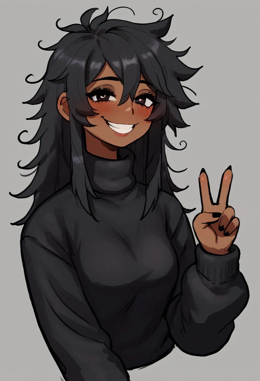  score_9, score_8_up, score_7_up, 1girl, mestizo skin, dark skin, black hair, simple background, black sweater, turtleneck, smiling, blushing, long hair, messy hair, peace sign, by inuzu