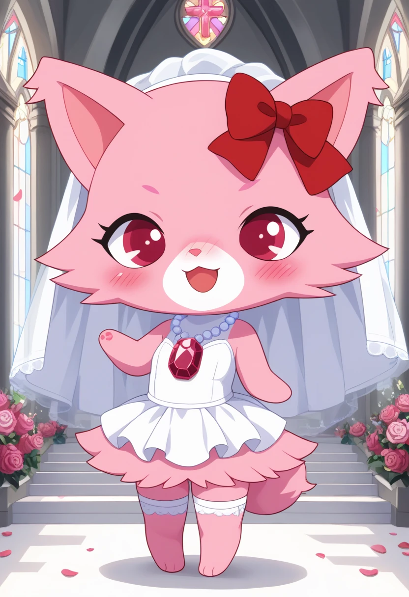 score_9, score_8_up, score_7_up, score_6_up, score_5_up, BREAK
garnet, anthro, female, jewelpet, solo, 1 bow, jewelry, standing, pink fur, tail, full body, red eyes, flower, hair bow, necklace, red bow, no humans, :3, cat, church, gem, pink paws, church, chibi, open mouth, wedding dress, wedding veil, thighhighs, happy, blush, deep blush, nose blush, dynamic pose