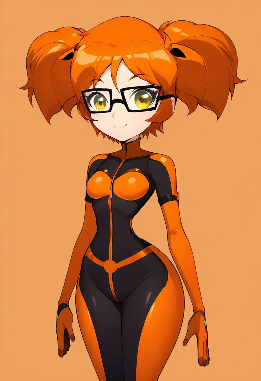 score_9, score_8_up, score_7_up, score_6_up, score_5_up, score_4_up, BREAK source_anime, masterpiece , anime screencap, anime_lineart anime coloring, (small breasts, thin waist, big thighs), MilmilSP, Orange hair, glasses, yellow eyes, twintails, SpaceSuit, Bodysuit, Orange  spacesuit, Orange background, smile