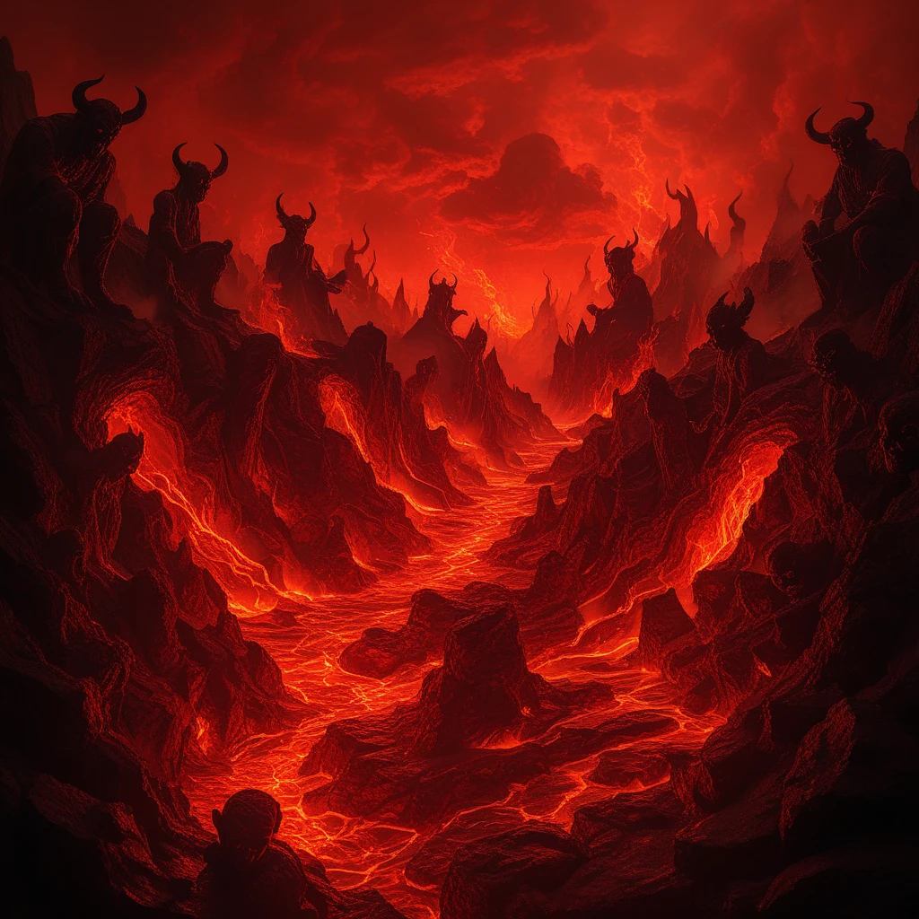 A vivid red-themed depiction of hell, showing multiple towering demons with large horns standing atop molten rock cliffs, holding fierce weapons like jagged swords. The sky above is dark and cloudy, swirling with crimson hues, while fiery embers and sparks rise from the ground. In the background, sharp rocky mountains and streams of lava carve through the terrain. The entire outdoor setting exudes a hellish, intimidating aura with blazing fire illuminating the red sky