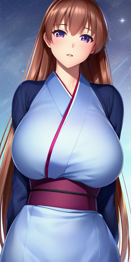 <lora:KasumiHellabunaV6:.8> kasumi_hellabuna, huge_breasts, standing, solo, arms_behind_back, starry_sky, , japanese_clothes,, masterpiece, best_quality, detailed_face, detailed_eyes, highres, beautiful, detailed, absurdres,