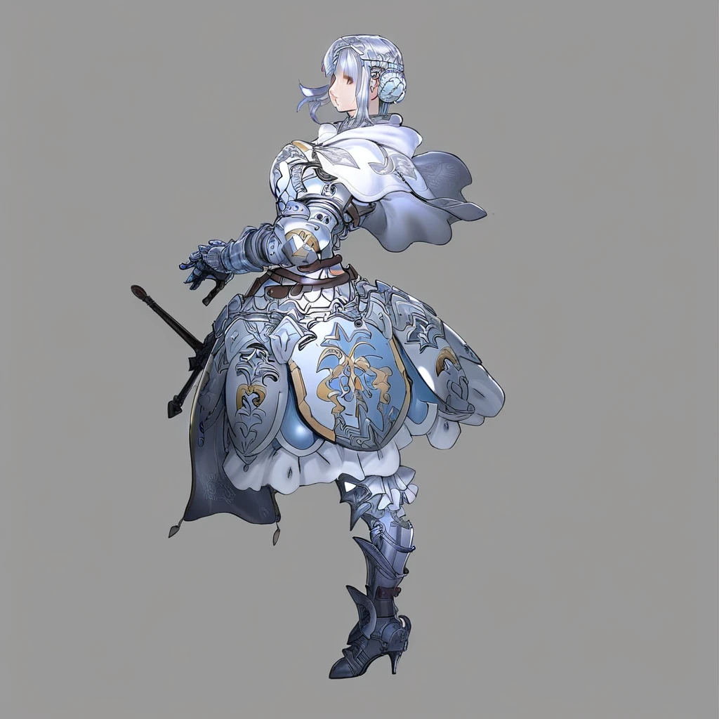 grey eyes, greaves, solo, gauntlets, boots, white capelet, waist belt, side bangs, helmet, blue hair, armored dress, armor, from side, breast plate, plate armor, standing, armor ornaments, weapon, Braided buns, high heels, jewelry, looking at viewer, breastplate, frills, grey hair