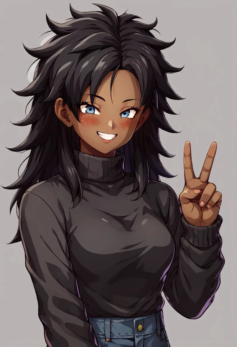  score_9, score_8_up, score_7_up, 1girl, mestizo skin, dark skin, black hair, simple background, black sweater, turtleneck, smiling, blushing, long hair, messy hair, peace sign, FighterZ, Thick outline