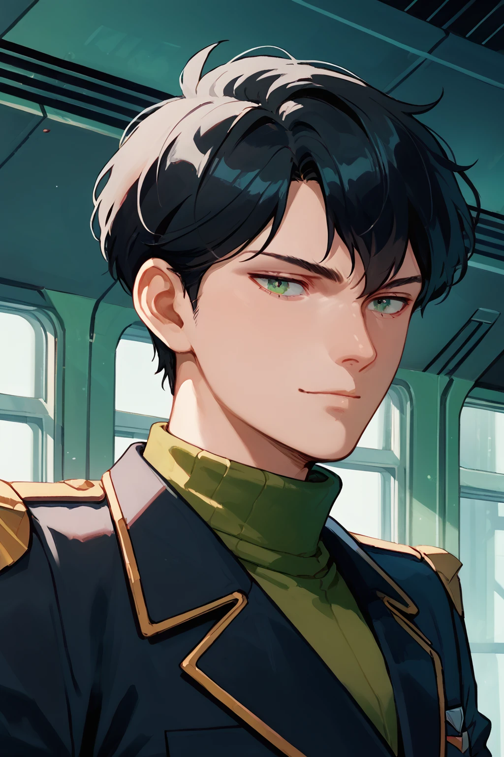 sci-fi illustration, gyunei, solo male, handsome face, black hair, slim build, red and black uniform with green turtleneck, <lora:gyunei:0.8>, spacious interior space station, (score_9, score_8_up, score_7_up)