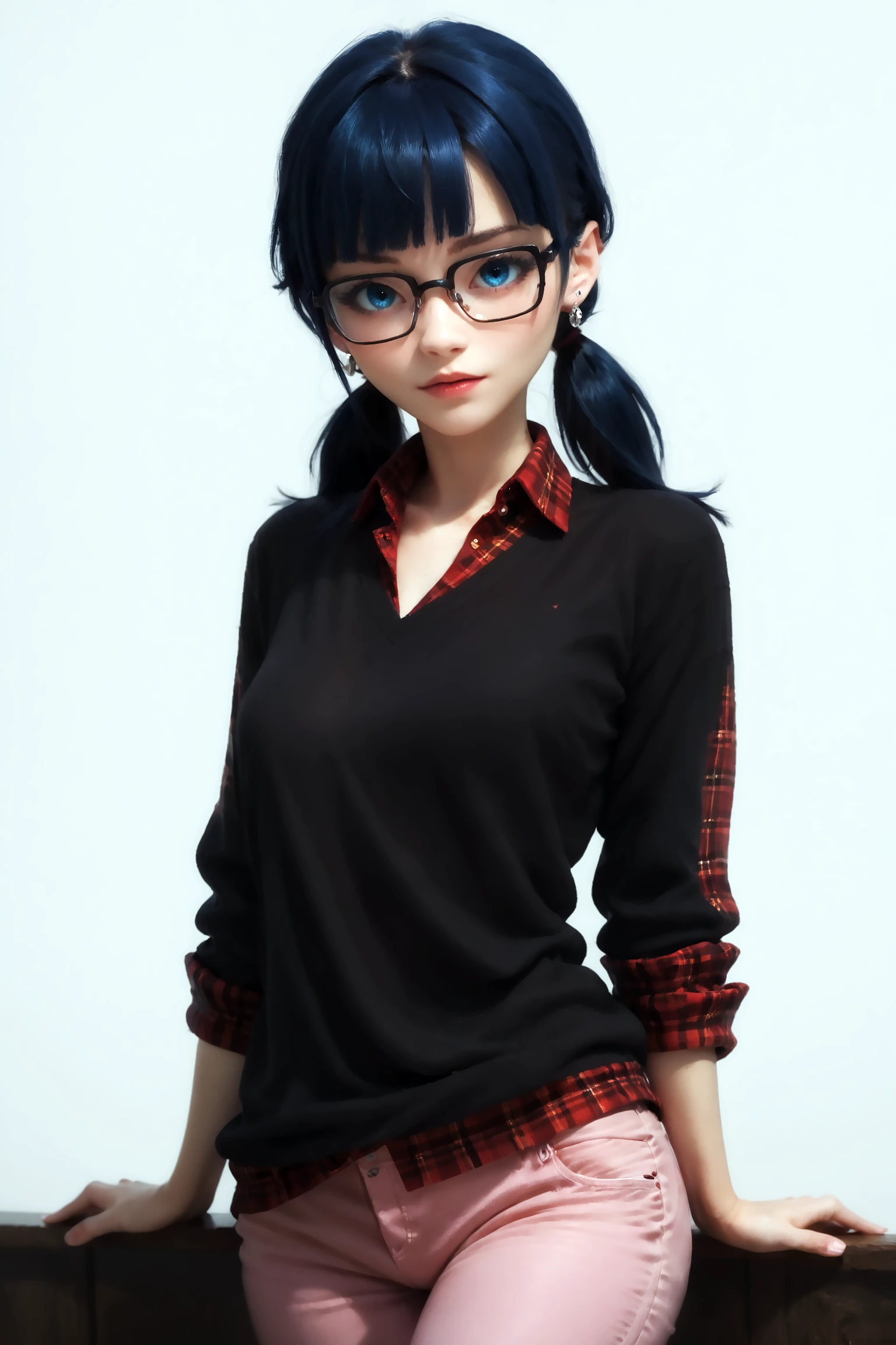 score_9, score_8_up, score_7_up, score_6_up,score_5_up,score_4_up, imtdsocquelinewang, 1girl, glasses, blue hair, twintails, , blue eyes, bangs, black-framed eyewear, semi-rimless eyewear, blunt bangs, over-rim eyewear, earrings, black sweater, plaid shirt under sweater, red plaid, red collared shirt, low twintails, sleeves rolled up, short twintails, pants, pink pants, wide hips, medium breast, Expressiveh,concept art,dark theme, rating_questionable.
