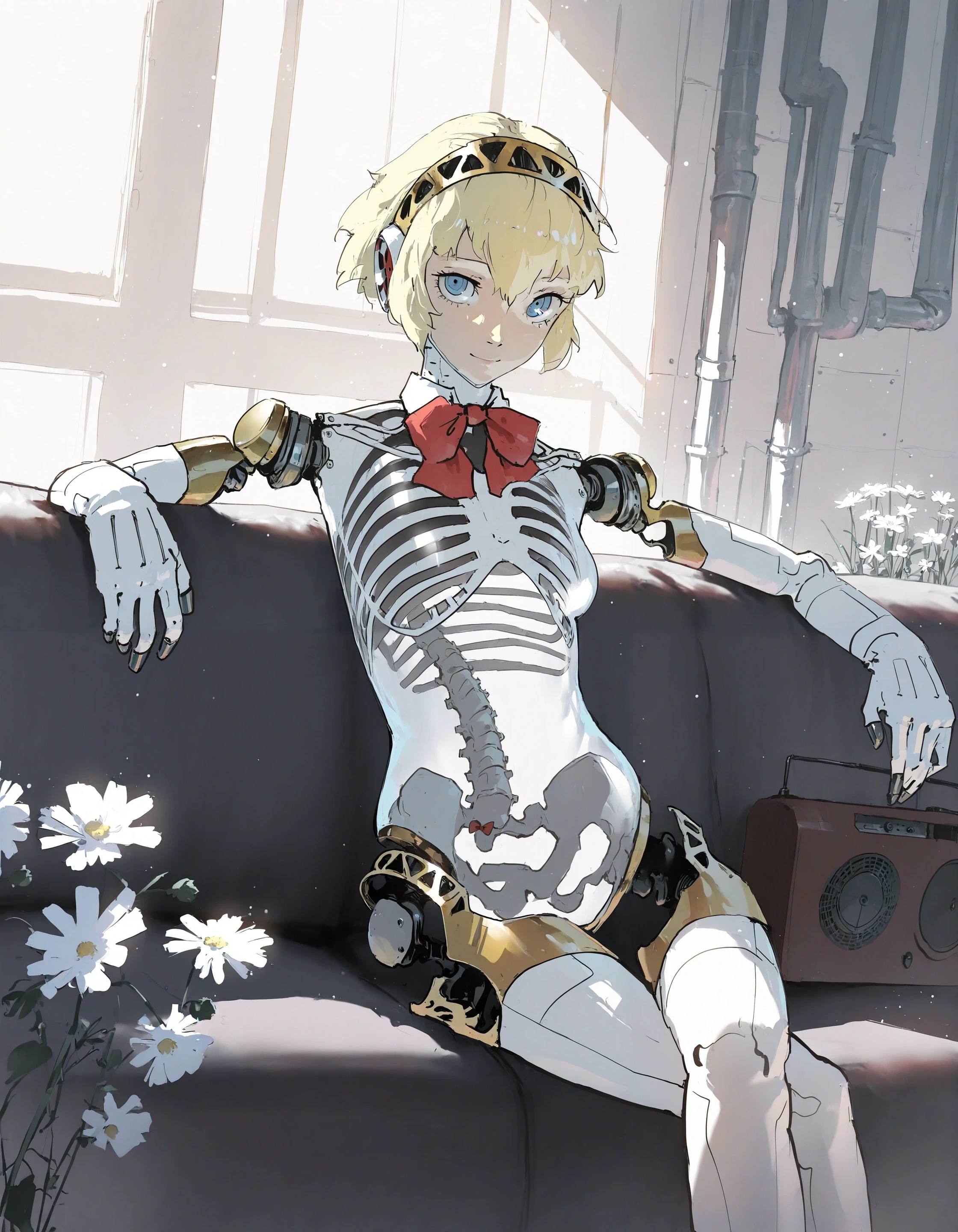 masterpiece, newest,
healthyman, dino \(dinoartforame\),
1girl, see-through body, skeleton, flowers,
android, light smile, looking at viewer, persona, aegis \(persona\), mechanical arms, red bowtie,
indoors, sofa, sitting, industrial pipe, radio, crossed legs, sunlight, light particles, blue eyes
<lora:concept_hollowbody-ill_1:1>