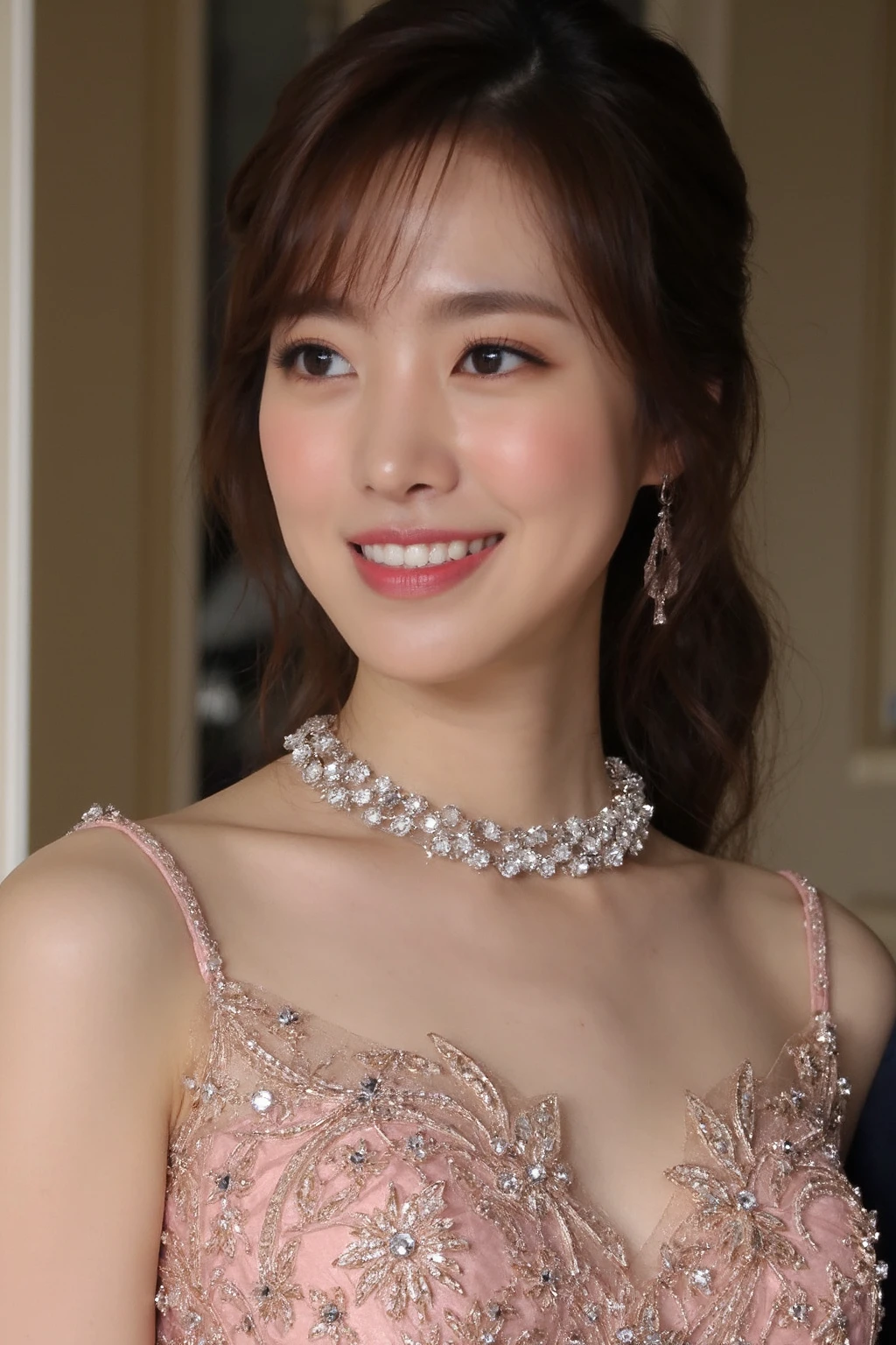 bright photo of beautiful asian girl with pale skin wearing formal gown with jewelries, inside a mansion, dslr, studio lighting, high quality,  light reflections,<lora:flux_realism_lora:1>,<lora:makinaflux_jinseyeon_v1.0:1>