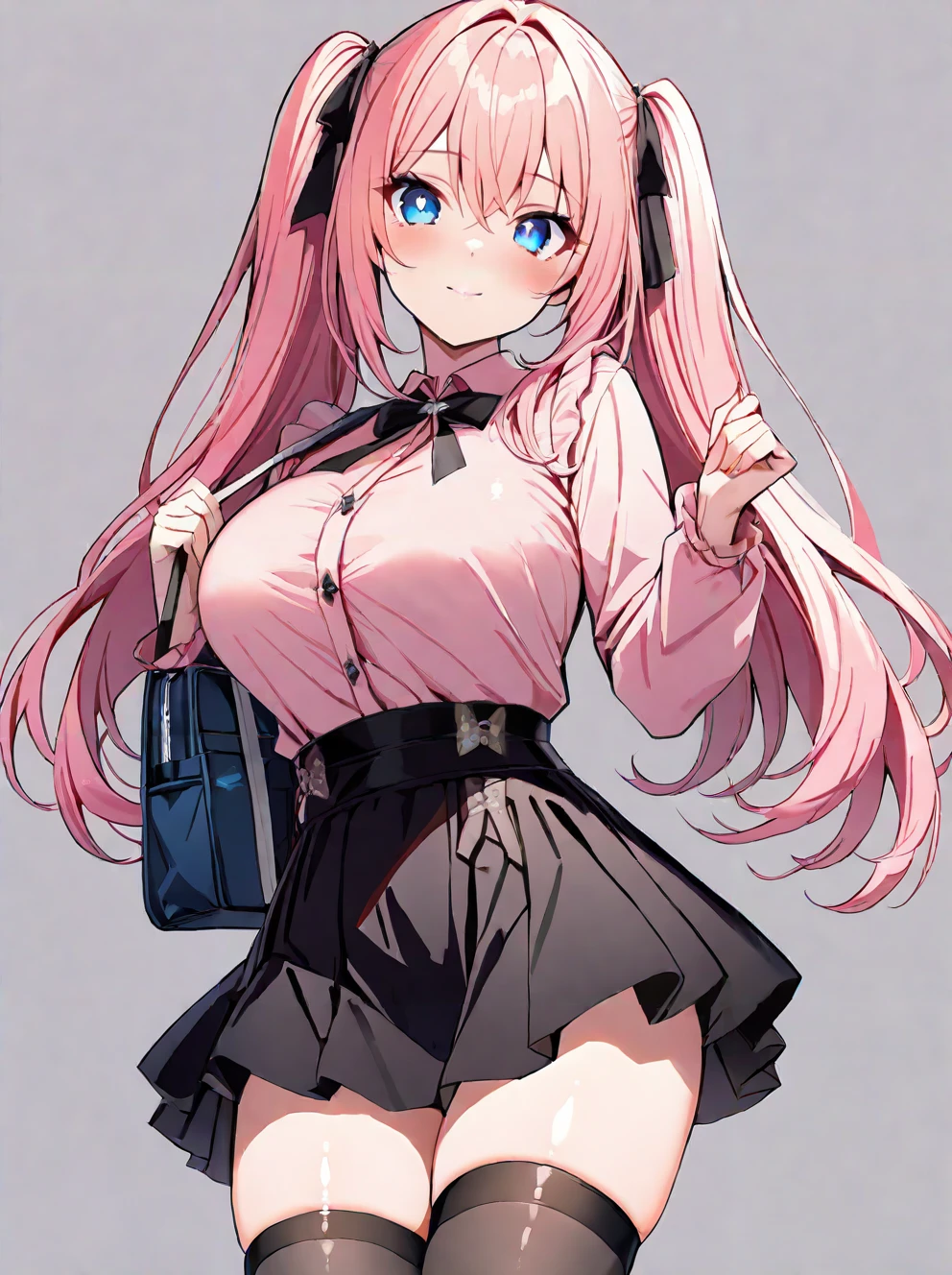 masterpiece,ultra-detailed,best quality,8K,illustration,cute face,clean skin ,shiny hair,girl,large breasts,ultra-detailed-eyes,simple background,  <lora:jirai kei_illustrious_V1.0:0.8> jirai kei ,pink shirt,black skirt,thighhighs,twintails,bag