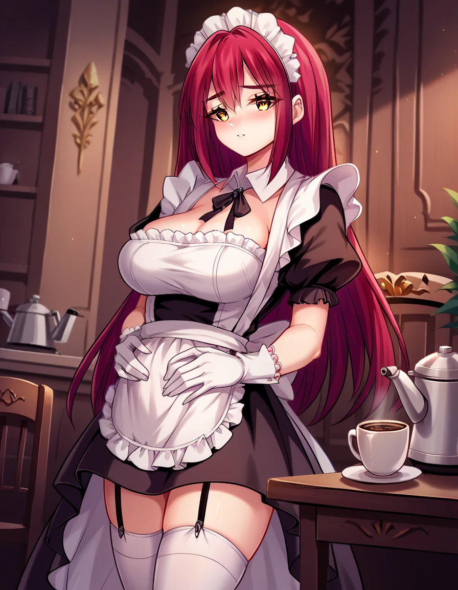 score_9, score_8_up, score_7_up, source_anime, <lora:elza-forfria-ingame-ponyxl-lora-nochekaiser:1>, elza forfria, long hair, large breasts, yellow eyes, red hair,, thighhighs, gloves, white gloves, apron, maid, maid headdress, detached collar, garter straps,, staff room, table, chairs, coffee machine, relaxation, , hands on stomach, blush,, looking at viewer, solo,, dutch angle, cowboy shot