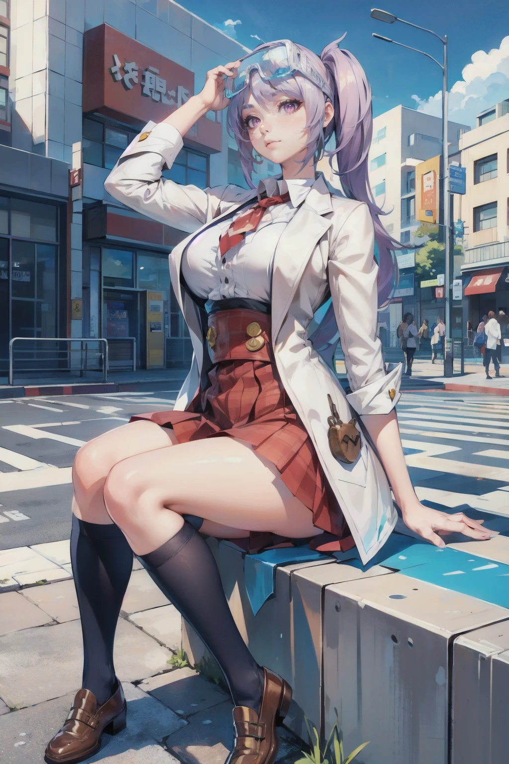 <lora:Capheny_Experiment_#524_AoV_Model_LoRA:0.8>, Capheny_EX#524, 1girl, solo, twintails, eyewear on head, goggles, goggles on head, purple hair, hair ornament, pink eyes, labcoat, open coat, shirt, white shirt, necktie, red necktie, breasts, (large breasts:1.8), long sleeves, suspenders, skirt, red skirt, plaid skirt, high-waist skirt, thighhighs, black thighhighs, zettai ryouiki, shoes, brown footwear
, sitting, upper body
, outdoors, sky, day, cloud, blue sky, building, scenery, sign, road, lamppost, street, road sign, traffic light, crosswalk, best quality, ultra high res, (photorealistic:1.4), masterpiece, real life skin, hyper real