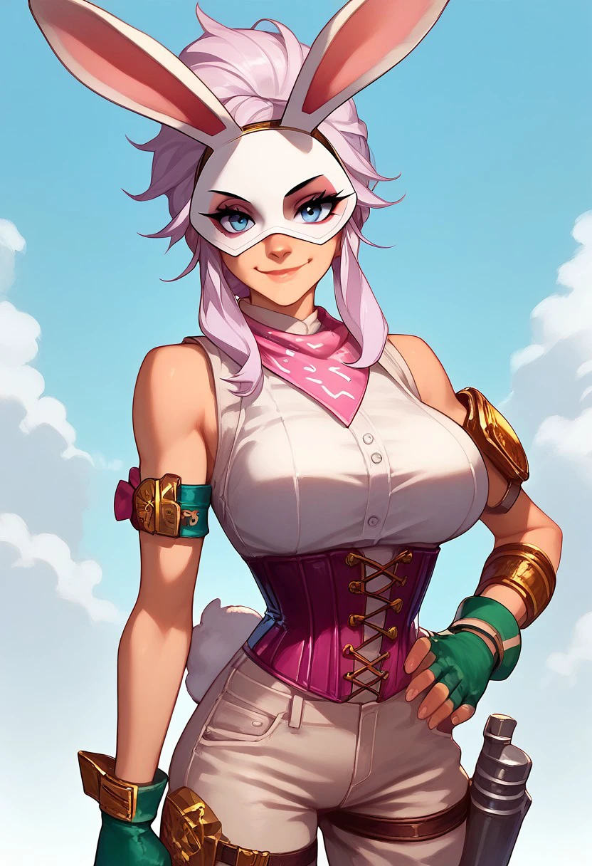 Score_9, score_8_up, score_7_up, best quality,
Stella, 1girl, Bunny Mask, skinny waist,sleeveless shirt, corset, pants, rabbit tail, fingerless gloves, kneepad, shinpad, bow thighstrap, gold wristband, bandana on arm, looking at viewer, looking at viewer, smirk, upper body, large breasts,