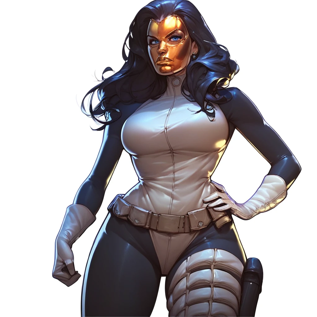 Score_9, score_8_up, score_7_up, best quality, Madame Masque, Gold Mask, Bodysuit, Gloves, Belt, Holster, Boots, hand's on own hip, large breasts, thick thighs, skinny waist, looking at viewer, blue eyes,