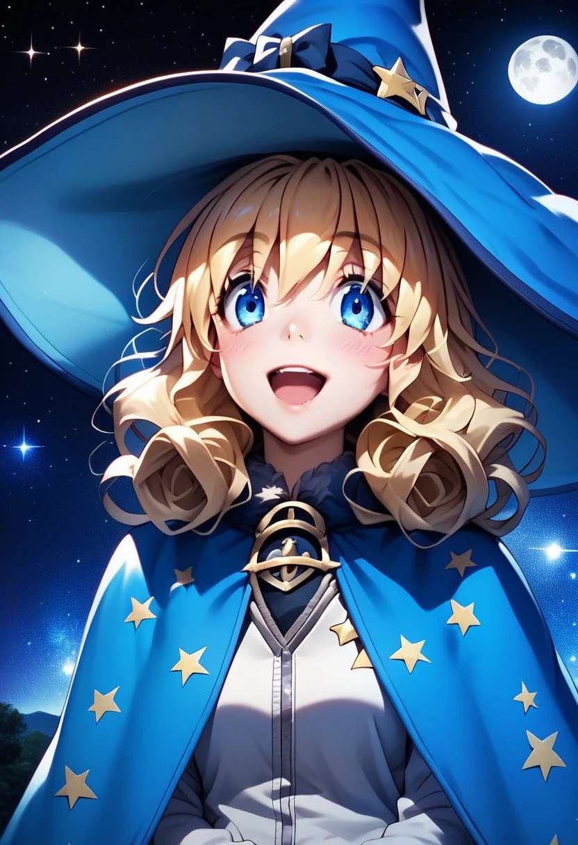 score_9, score_8_up, score_7_up, 
l3f4ypendr4g0n,Le Fay Pendragon,
1girl, solo, blush, smile, open mouth, bangs, blue eyes, blonde hair, hat, hair between eyes, :d, sky, shiny, medium hair, shiny hair, witch hat, night, hair intakes, moon, portrait, star (sky), night sky, blue headwear, starry sky, curly hair, witch, space