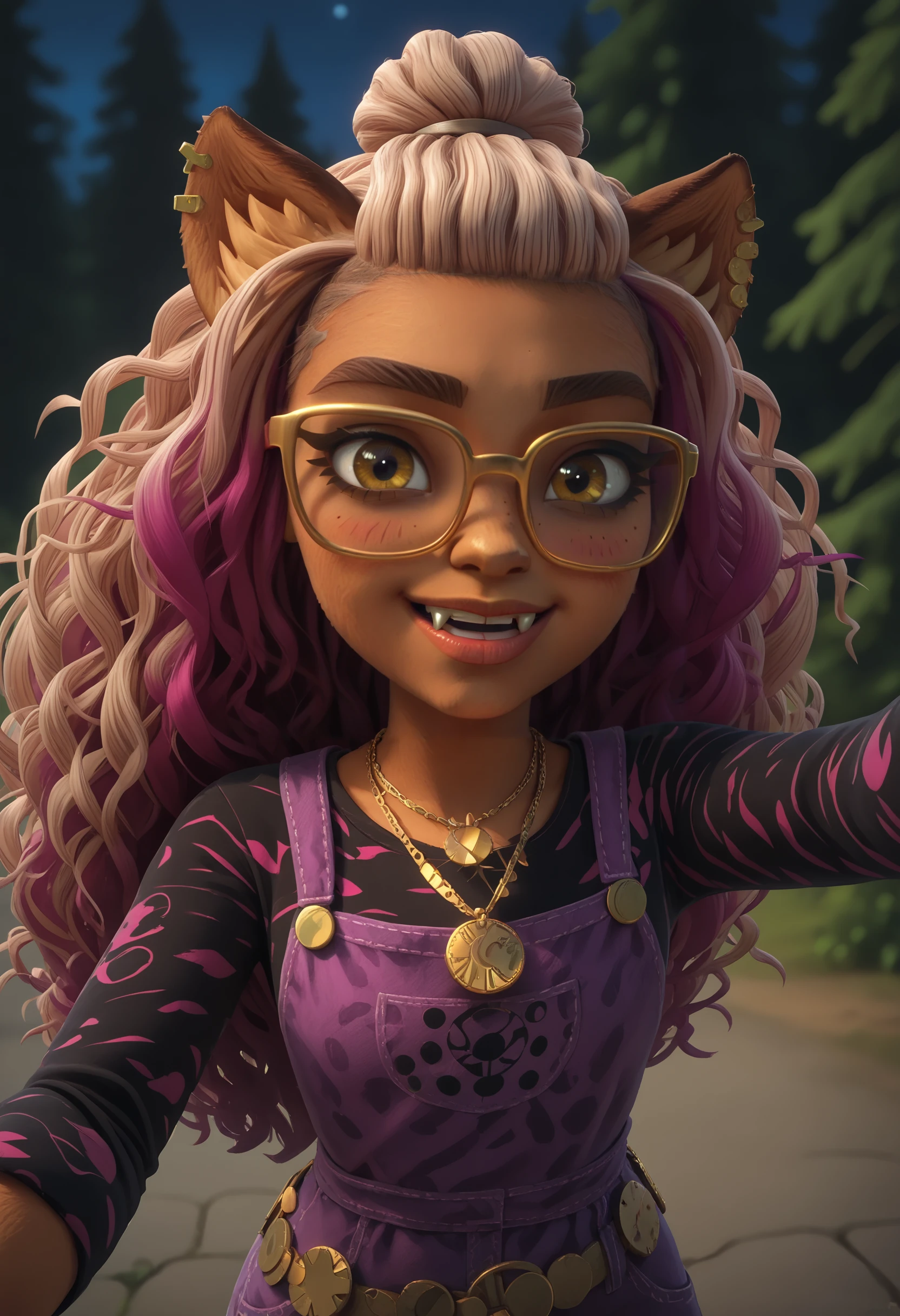 score_9, score_8_up, score_7_up, score_6_up, score_5_up, score_4_up, 1girl, <lora:ClawdeenMH:0.85>  solo, animal ears, long hair, multicolored hair, yellow eyes, dark skin, furry female, jewelry, glasses, yellow-framed eyewear, necklace, overalls, upper body, standing, smile, blush, selfie pose, fangs,
forest, night, dark,