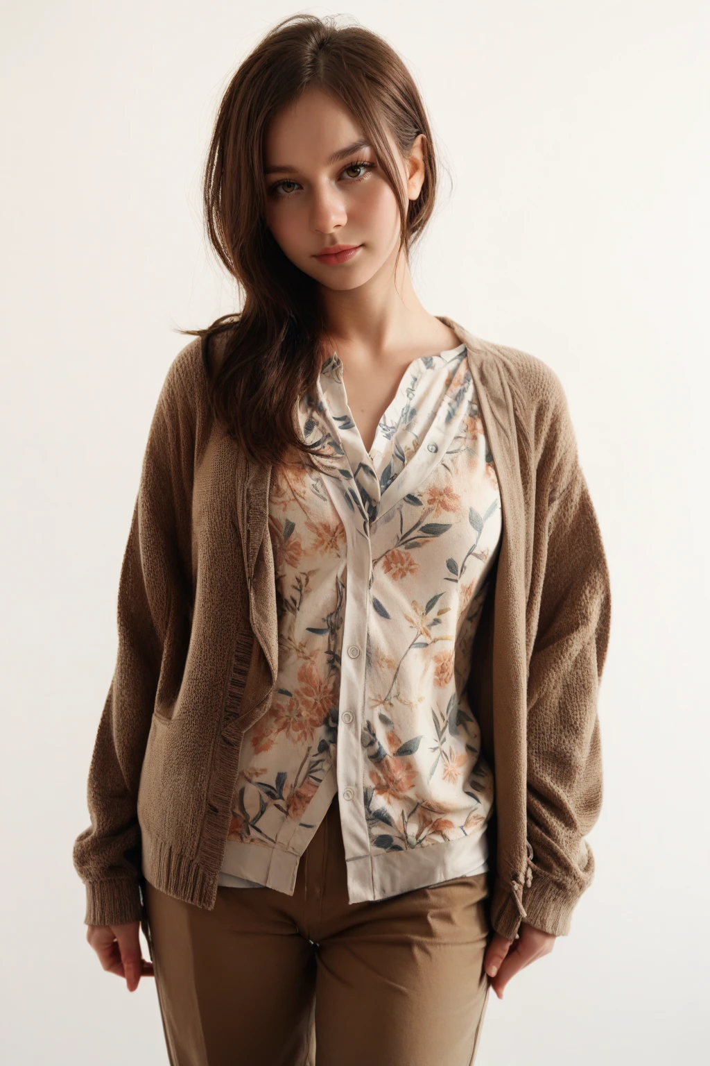 photo, 1girl, solo, cowboy shot, looking at viewer, white background, miawinters, brown hair, hair over shoulder, open cardigan, floral-print shirt, brown pants <lora:RE_Winters-PONY:0.8>, score_8_up, score_7_up, score_6_up, score_5_up, score_4_up,