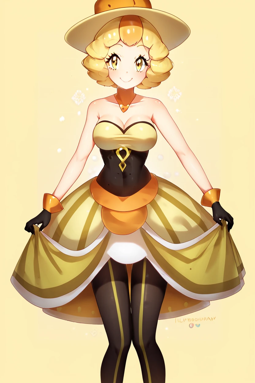 score_9, score_8_up, score_8, medium breasts, (curvy), cute, eyelashes,       ,,, , ,,,   zzNita, yellow eyes, blonde hair, short hair, yellow hat, yellow dress, bare shoulders, black gloves, pantyhose, <lora:Nita_Pokemon_PDXL:1.0>,       ,,,, BREAK, smile, closed mouth, looking at viewer, cowboy shot, ,,, embedding:zPDXL, Expressiveh, ,,, <lora:Puppypaww_Style_PDXL_v2:0.8>, <lora:SDXLFaeTastic2400:0.5>, <lora:Expressive_H-000001:0.4>,