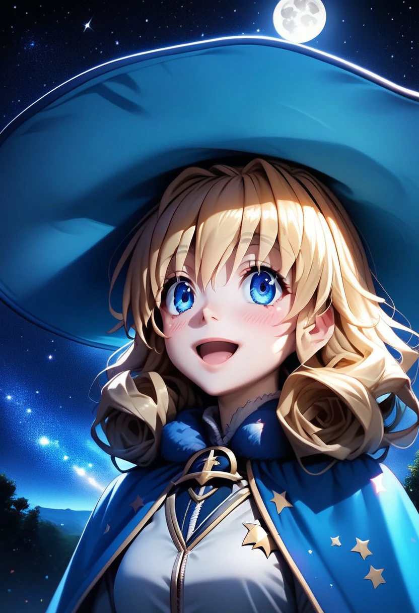 score_9, score_8_up, score_7_up, 
l3f4ypendr4g0n,Le Fay Pendragon,
1girl, solo, blush, smile, open mouth, bangs, blue eyes, blonde hair, hat, hair between eyes, :d, sky, shiny, medium hair, shiny hair, witch hat, night, hair intakes, moon, portrait, star (sky), night sky, blue headwear, starry sky, curly hair, witch, space