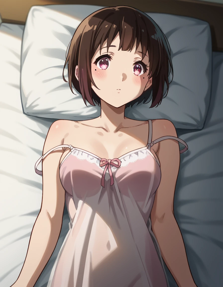 score_9, score_8_up, score_7_up, source_anime, <lora:kaori-nakaseko-s2-ponyxl-lora-nochekaiser:1>, kaori nakaseko, short hair, bangs, brown hair, pink eyes, mole, mole under eye, medium breasts,, <lora:chemise-ponyxl-lora-nochekaiser:1>, chemise, strap slip, see-through, bare shoulders, collarbone, thighs,, indoors, bed, bed room, on back, on bed, blush, , dutch angle, cowboy shot