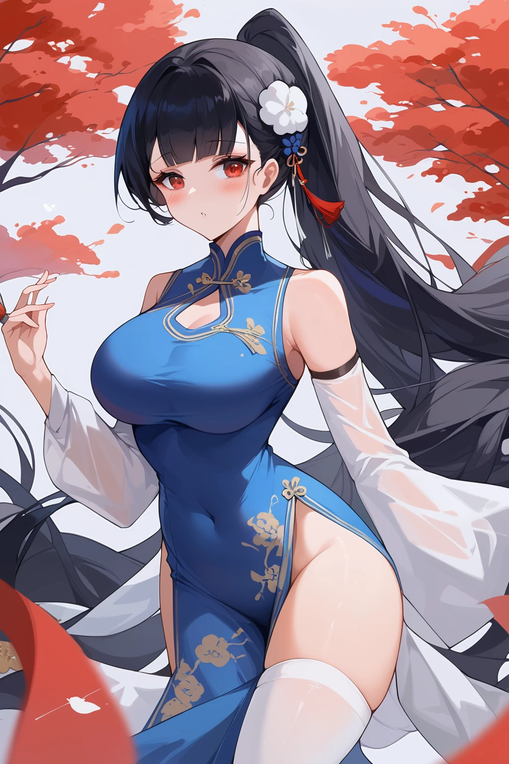 score_9,score_8_up,score_7_up,source_anime,incredibly absurdres,huge filesize,female_pervert,uncensored,ojousama,bishoujo,slender,glamor,curvy,medium breasts,narrow_waist,slender_waist,china dress,chinese clothes,hanfu,straight_hair,black hair,bangs,long_eyelashes,yat sen,1girl,yixian,long hair,black hair,hair ornament,red eyes,yat sen \(azur lane\),white legwear,<lora:yixian-000008:0.8>,high ponytail,light_blush,adult,mature_female,