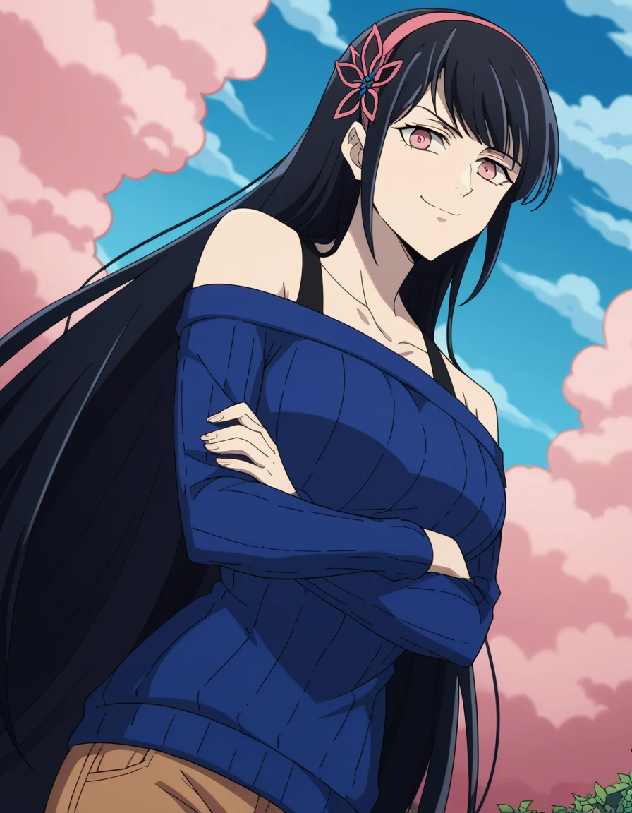 score_9, score_8_up, score_7_up, source_anime, <lora:yihwa-yeon-s2-ponyxl-lora-nochekaiser:1>, yihwa yeon, long hair, bangs, black hair, hair ornament, pink eyes, very long hair, hairband, large breasts,, long sleeves, bare shoulders, collarbone, off shoulder, sweater, butterfly hair ornament, off-shoulder sweater, floating island, sky, clouds, greenery, magical, , crossed arms, smug, looking at viewer, solo,, dutch angle, cowboy shot