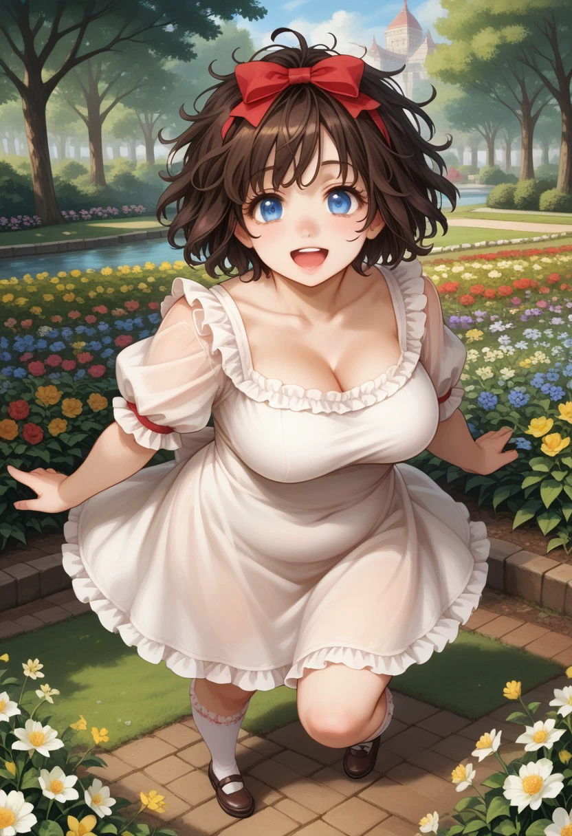 score_9, score_8_up, score_7_up, source anime,
masterpiece, best quality, detailed, amazing quality,
detailed background, park, flowers,
detailed eyes, clean eyes,
dynamic pose, full body, from above,
1woman, woman,
easynegative, 
slutty_m3l0dy, pale skin, short hair, blue eyes, dark brown hair, messy hair, curvy, chubby, big breasts, bow, frilly, cute, cute dress, headbow, ribbon, stockings,
happy,