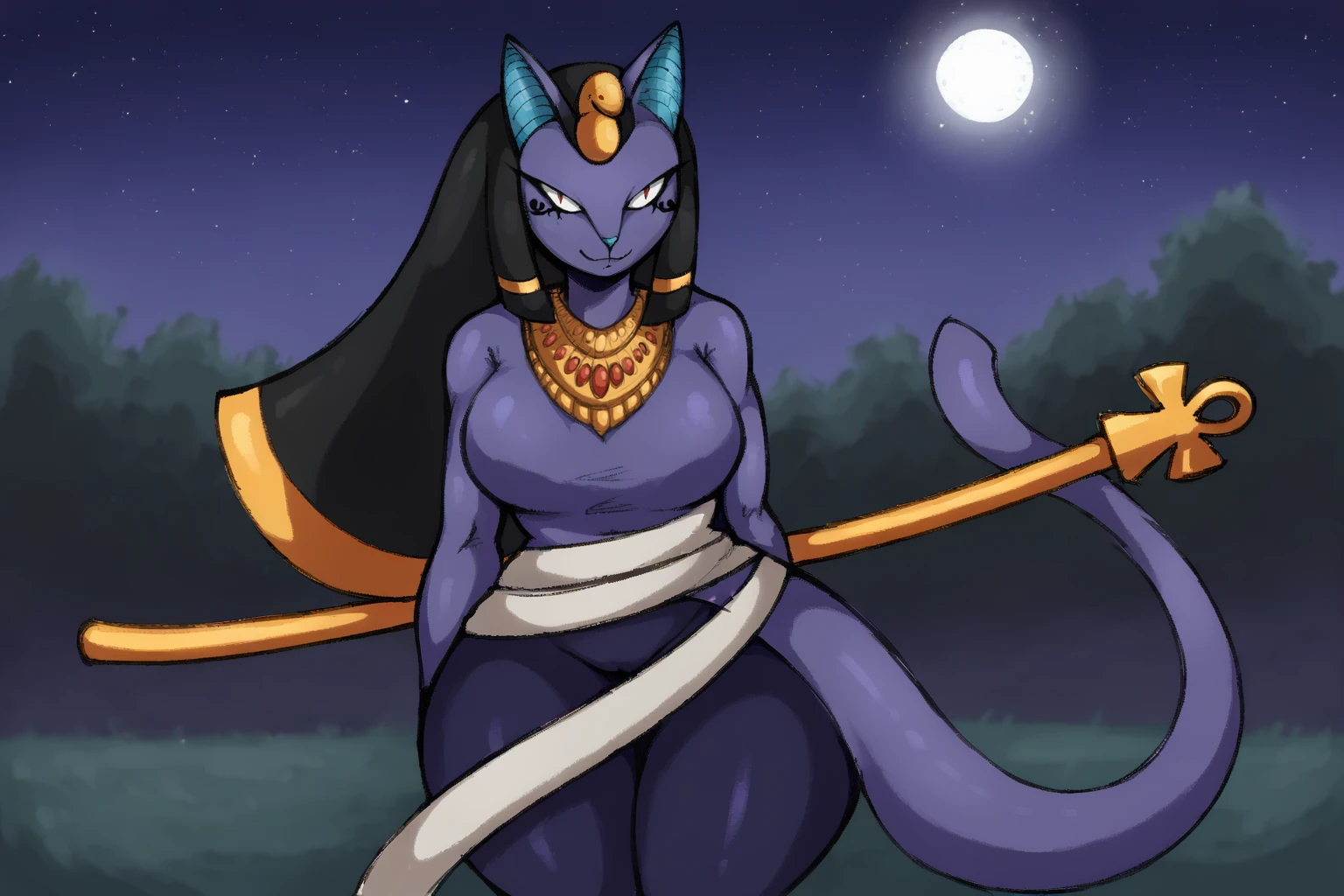 Feminine, intricate, score_9, score_8_up, score_7_up, score_6_up, score_5_up, furry, furry female, Big breasts, neferkiti, anthro, egyptian, bandages, jewelry, slit dress, leaning forward, staff, arm behind back, slit eyes, red eyes,
BREAK
<lora:pony_good_hands:1>, good_hands, better_hands,
BREAK
looking at viewer, seductive, (((establishing shot))), starry sky, stars, 
BREAK
scene, outdoor, night, dim light, dark setting, <lora:Neferkiti_Fakemon:1>