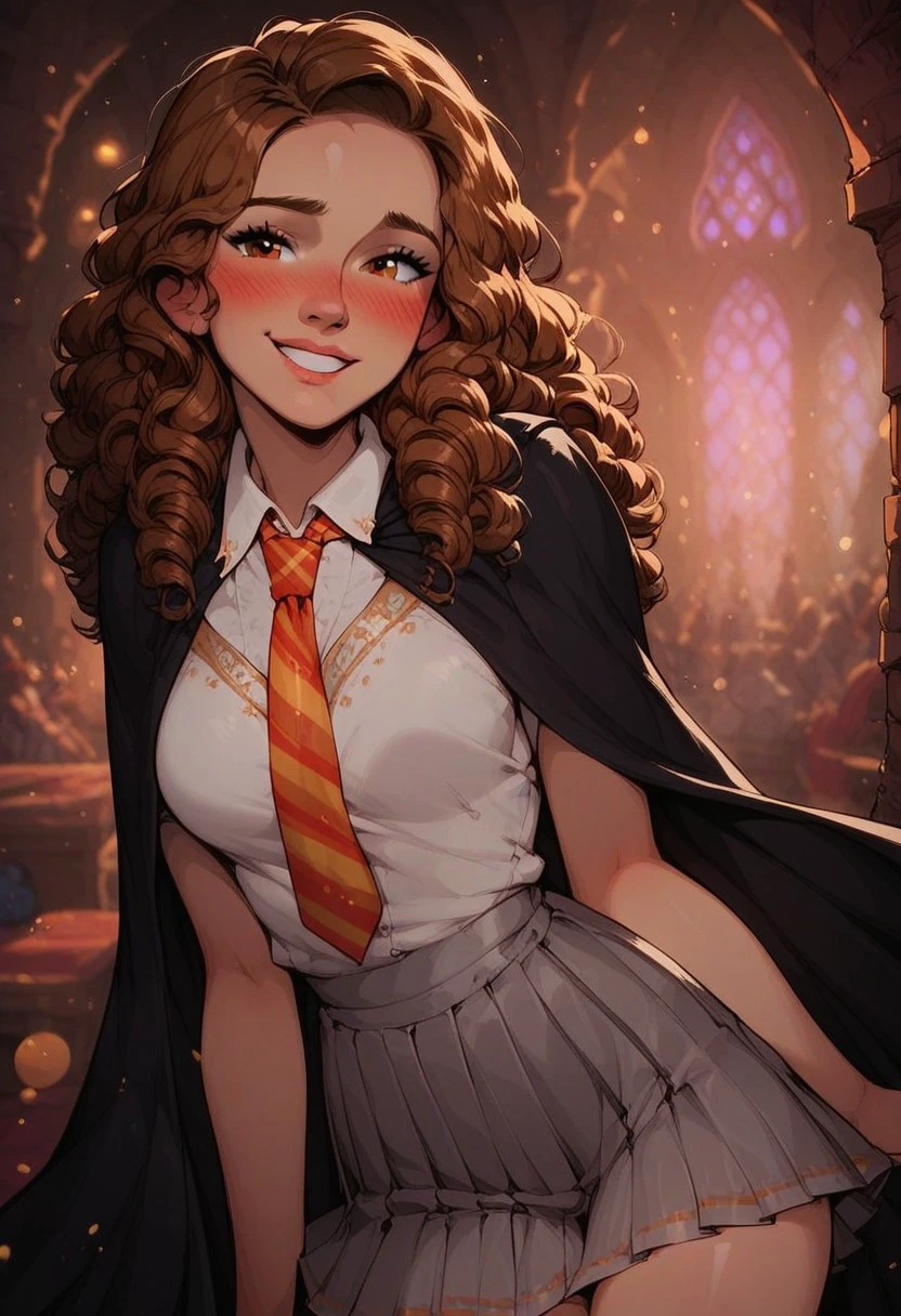 score_9, score_8_up, score_7_up, score_6_up, Expressiveh, very aesthetic, cute, sexy, hot, blush, flushed, blushing, bokeh:1.2, ((gray pleated skirt, hogwarts uniform, Hogwarts, Hermione granger, long curly brown hair, brunette, black cloak, white dress shirt, red and gold tie, gray skirt)), smile, smiling, white teeth, palindromeshpherm, vibrant, colorful, saturated, Palipostyle2