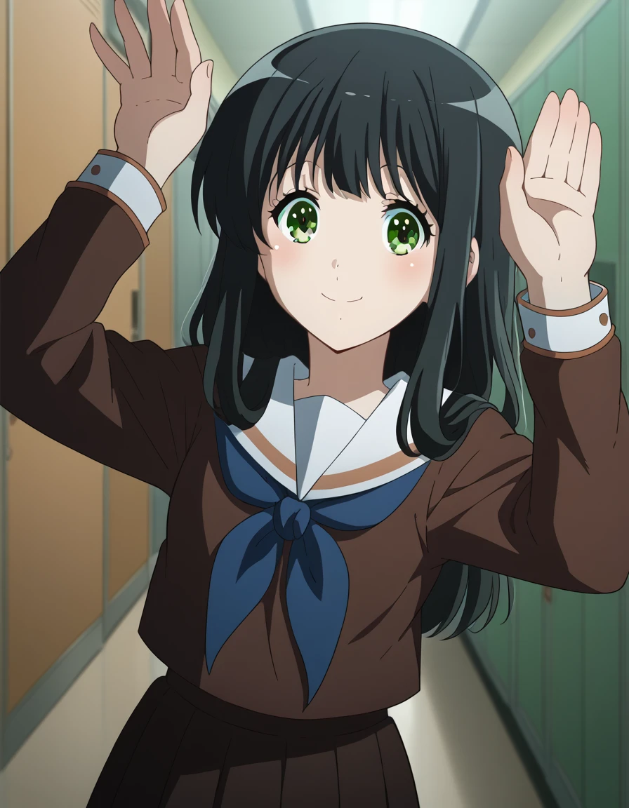 score_9, score_8_up, score_7_up, source_anime, <lora:sari-yoshii-s3-ponyxl-lora-nochekaiser:1>, sari yoshii, long hair, bangs, black hair, green eyes,, school uniform, serafuku, neckerchief, kitauji high school uniform, brown shirt, white sailor collar, blue neckerchief, brown skirt, pleated skirt,, school hallway, lockers, between classes, everyday life, smile, <lora:rabbit-pose-ponyxl-lora-nochekaiser:1>, rabbit pose, smile, blush,, looking at viewer, solo,, dutch angle, cowboy shot