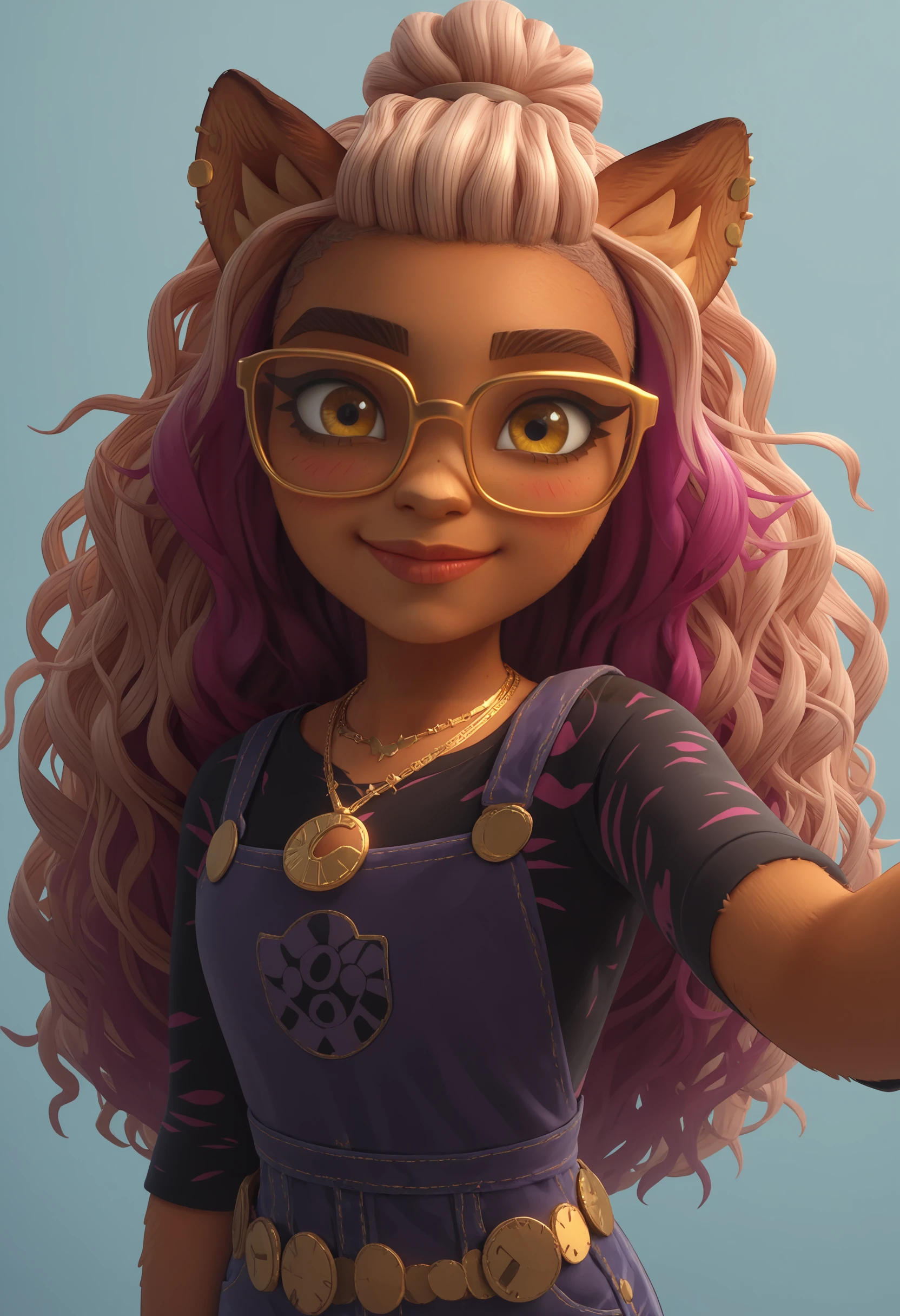 score_9, score_8_up, score_7_up, score_6_up, score_5_up, score_4_up, 1girl, <lora:ClawdeenMH:0.85>  solo, animal ears, long hair, multicolored hair, yellow eyes, dark skin, furry female, jewelry, glasses, yellow-framed eyewear, necklace, overalls, upper body, standing, smile, blush, selfie pose, 
light blue background, simple background,