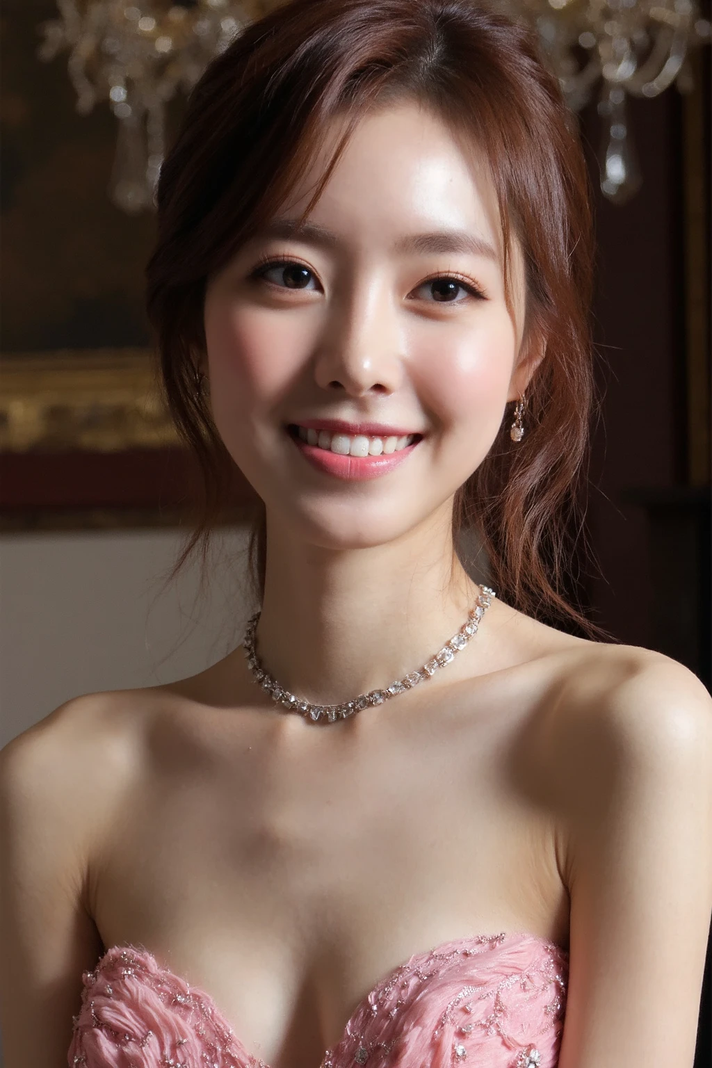 bright photo of beautiful asian girl with pale skin wearing formal gown with jewelries, inside a mansion, dslr, studio lighting, high quality,  light reflections,<lora:flux_realism_lora:1>,<lora:makinaflux_jinseyeon_v1.0:1>