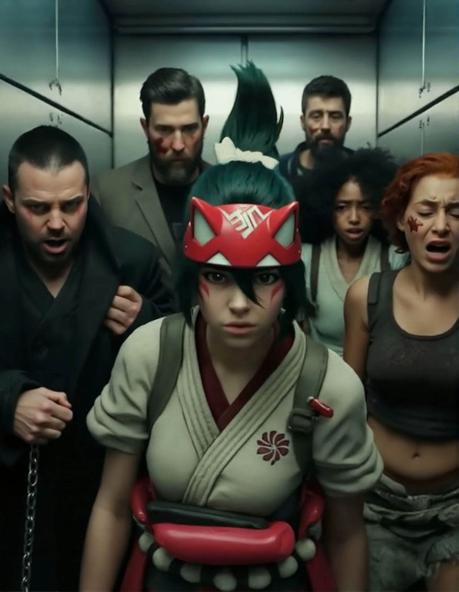 The image is a still from a film, likely a dystopian sci-fi, with a gritty and somewhat desaturated color palette.
The scene shows a group of seven people crammed into what appears to be a freight elevator with metallic walls. The central figure is a stern-looking pretty young Japanese woman kirikokamori wearing a (kitsunemask).
Behind her, six other individuals stand in various states of distress. To her immediate left, a man with a short beard and dark, unkempt hair wears a heavy black coat. His expression is grim, and a chain dangles from his hand. To her right, a man with curly red hair and a visible wound on his face looks panicked. Behind them, two women and another man are partially obscured, their expressions reflecting fear and uncertainty. One of the women, closest to the right edge of the frame, is a black woman with a distressed expression and a torn, dirty top.
The overall atmosphere is tense and claustrophobic, hinting at a pivotal moment in the story.